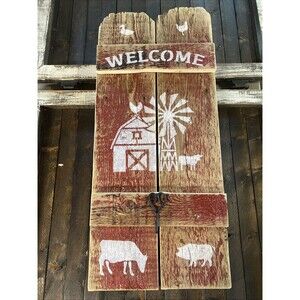 Distressed Country Farm Handmade Red Barn Wood Welcome Sign With Hook 24X11